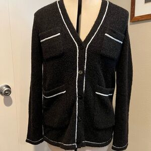 Theory. Wool blend cardigan sweater. Black with trim. No flaws. Excellent cond.